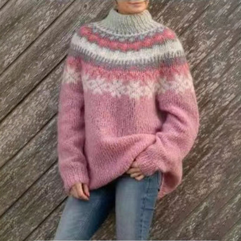 Modelka w beżowym swetrze Fair Isle z długim rękawem